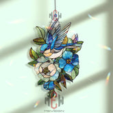 Bluebird Acrylic Suncatcher, Stained Glass Style Floral Window Decor, Nature Bird Art, Garden Gift for Home and Spring Lovers